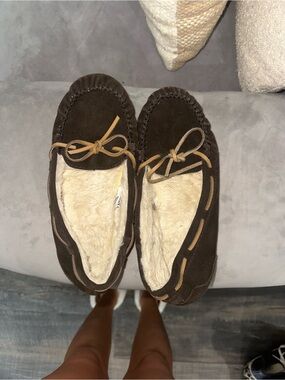 Cozy Brown Suede Fleece-Lined Moccasin Slippers